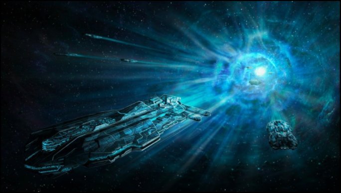 Une Flotte de la Paix Phbenne merge d'un champ gravitique